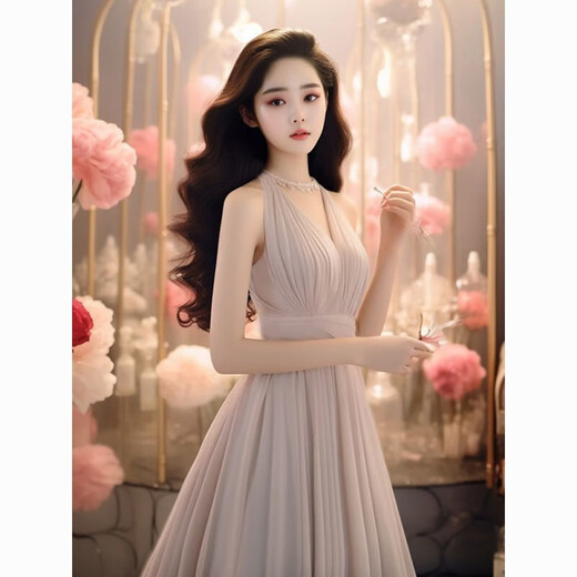 YIJINGXUAN (YIJINGXUAN) Hochwertiger, exquisiter langer Rock im französischen Hepburn-Stil mit einem sanften, süßen und schlankmachenden hellvioletten Neckholder-Kleid für Damen-Sommer-Nachtclub-hellviolettes Kleid M 95-105Jin Jin entspricht 0,5 kg