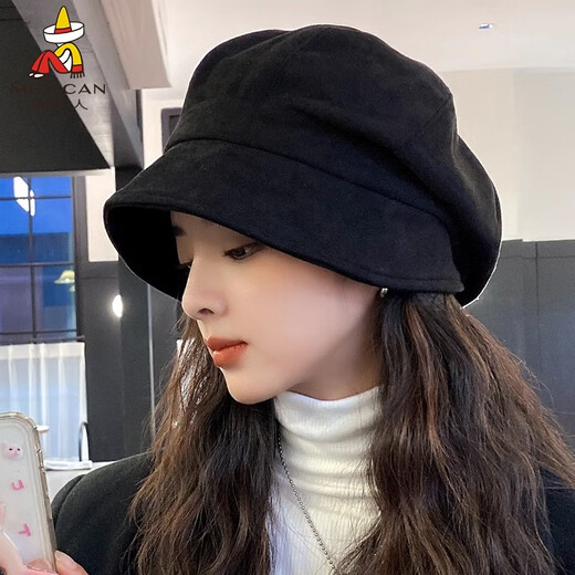 Scarecrow Hat Women's New Versatile Suede Beret Japanese Style Big Face Suitable for Big Head Circumference Showing Face Small Octagonal Hat Western Style Black One Size