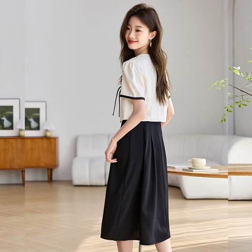 
LISLAVE high-end small fragrance style suit summer women's short jacket black long suspender dress two-piece dress making it look slimming and covering the flesh Black JXJC-679 L