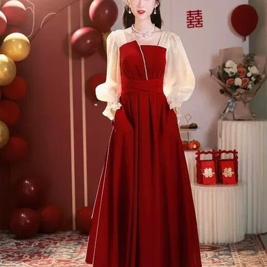 奕诗颜订婚衣服女平常可穿敬酒服新娘新款在逃公主法式主持年会红色结婚 3291 L