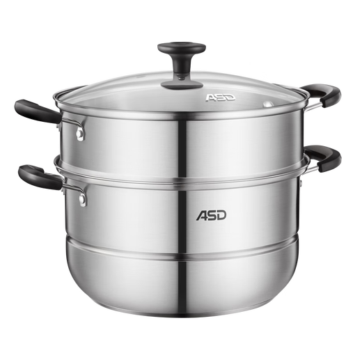 ASD stainless steel steamer, thickened bottom, steamer, grate, large soup pot for steaming steamed buns, universal for gas open flame induction cooker, double-layer steamer (glass lid) 28cm