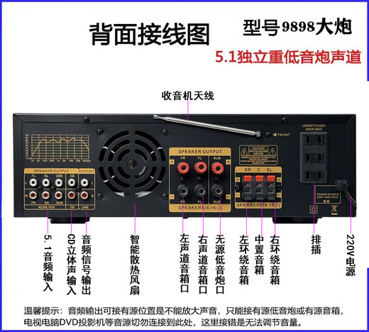 Budi 5-channel amplifier home KTV high-power audio Bluetooth radio USB card heavy bass karaoke amplifier 989851 dual dynamic display