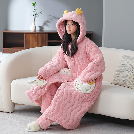Jiaqi Koralle Velvet-Pyjamas für Frauen im Herbst und Winter, verdickte und plüschige dreischichtige Baumwolljacke Flanell Long niedlicher Nachthemdanzug 1349 M Code 160 Empfohlenes Gewicht 80-100 Jin [Jin gleich 0,5 kg]