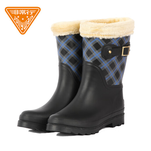 Very good (Jolly Walk) Winter waterproof and cold-resistant rain boots for women's non-slip water boots, fashionable outer wear velvet warm water shoes, new style plus velvet rain boots, blue plaid plus velvet warm JW322 37
