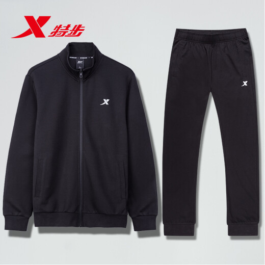 特步运动套装男装夏季休闲运动服夏跑步卫衣卫裤两件套 连帽卫衣9276+黑 185/2XL