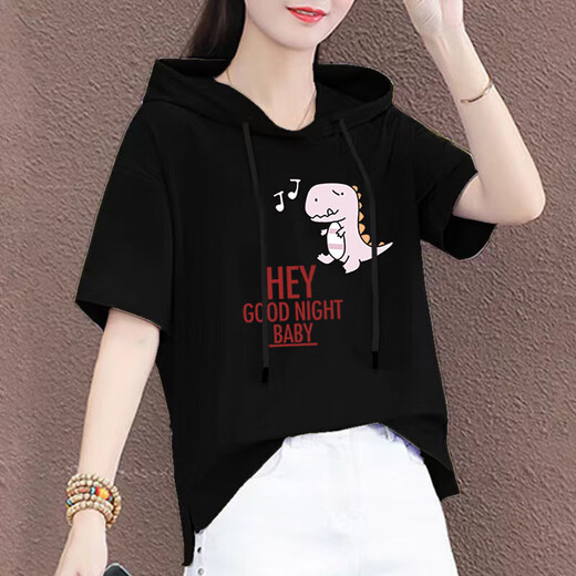 喻小熊有戴带帽孑的棉半袖女帽衫短袖t恤连帽女装新款夏季宽松半截袖 红色-687袖子标 2XL