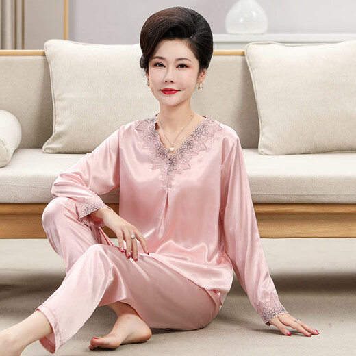 俞兆林（YUZHAOLIN）妈妈睡衣女2024年新款春夏季薄款柔顺长袖中老年人家居服套装 683香槟色(长袖长裤) 2XL 建议125-135斤