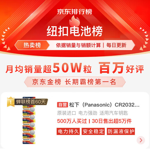 Panasonic CR2032 imported button battery 3V suitable for car key remote control watch computer motherboard electronic scale Xiaomi box CR2032 five pieces