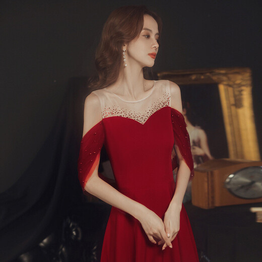 
Toasting clothes, bride dress, slim toasting clothes, bride 2022 red long slim and simple atmospheric wedding evening dress, spring bridal dress, toasting clothes, usual wine red L