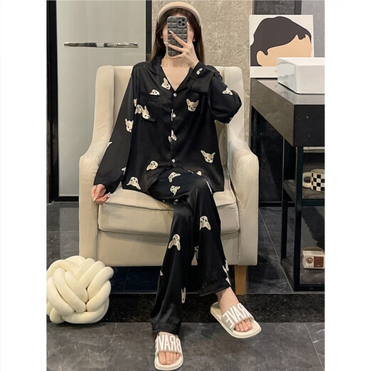梦动睡衣女春秋季冰丝可爱小奶狗学生长袖薄款开衫女士家居服两件套装 B695#小熊(双长丝) M