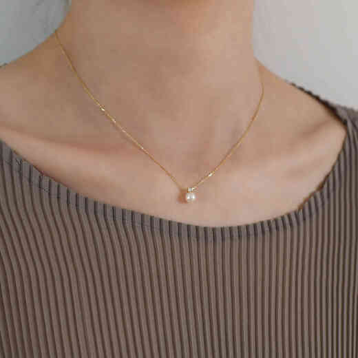 Pingyan 10k gold bright pearl pendant necklace women's minimalist clavicle chain necklace 10k gold pearl 5 points 5-6 spot