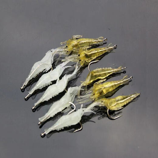 Glow-in-the-dark simulated soft bait with hook, soft shrimp, soft worm lure, fake bait, bionic fish bait, cocked mouth, white striped bass 4cm, fake shrimp, small grass shrimp, 4 pack - 1 of each color