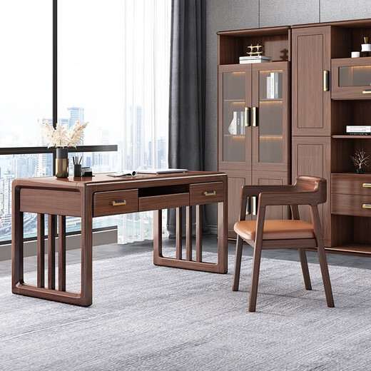 XIAOMUWO desk New Chinese style solid wood desk and chair combination computer desk walnut study desk office desk 1.35m desk assembly