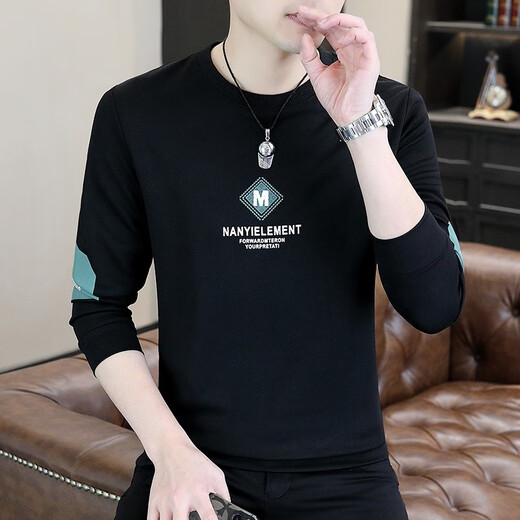 Edcofgivensi runder Nacken Langarm T-Shirt für Männer Frühling, Herbst und Winter Neues Sweatshirt für Männer Jugendmodet trendy Herren-Top-Basis-Hemd ohne Fleece 9905-schwarze reguläre M-Größe (80-105jin [Jin gleich 0,5 kg]))