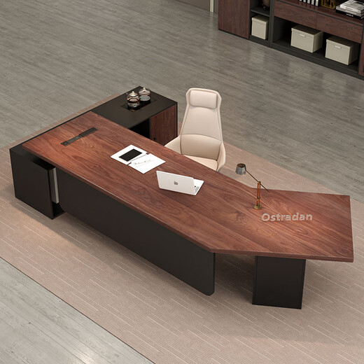 Oscarden Juzi Solid Wood Boss Desk with Side Cabinet Socket Black Walnut President Desk Law Firm Office Tea Table Integrated Style-Color-Size Customized Photoshoot