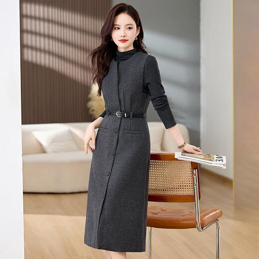 Bailanjiao high-end western-style woolen thickened suspender vest dress two-piece set for women 2025 spring and autumn new suit skirt gray XL