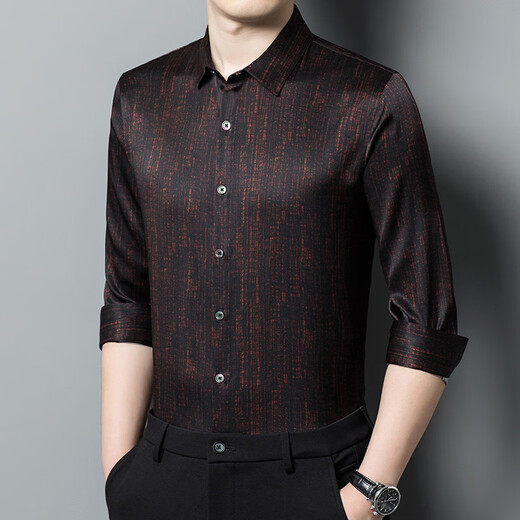 Elison mulberry silk printed middle-aged and elderly men's high-end light luxury casual dad wear long-sleeved silk satin autumn and winter new style red 2XL/185