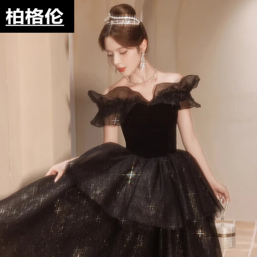 Berggren black one-shoulder evening dress for women high-end light luxury niche adult ceremony tutu skirt dinner hosting skills test black S