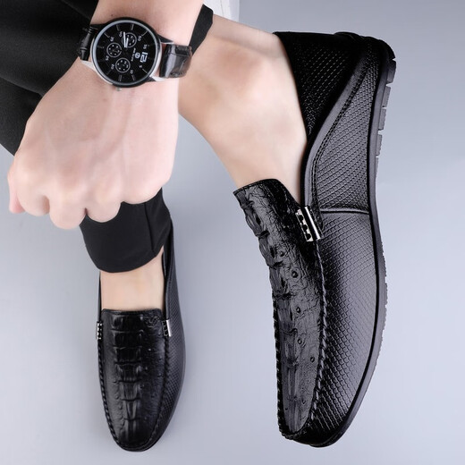 Fugui Bird Summer Boneie Real Cuir Lazy Lazy Casual En cuir chaussures Soft Soft Hrepidable One-cicked Driving Daddy Shoes Yulin FG9898 Black 37
