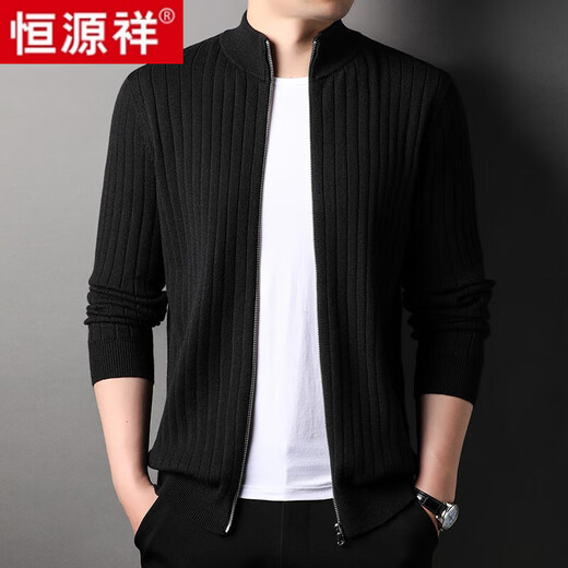 恒源祥针织毛绒衫男士开衫毛衣外套春秋款中年男士加厚立领拉链秋冬男装 K2007黑色【纯全新100】 L 170建议120-140斤