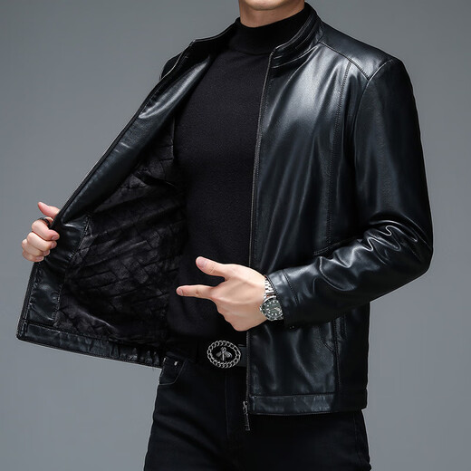 Goldlion official website flagship 2024 winter men's leather jacket middle-aged loose solid color stand-up collar leather jacket thickened warm casual b98-21770 black XXS m