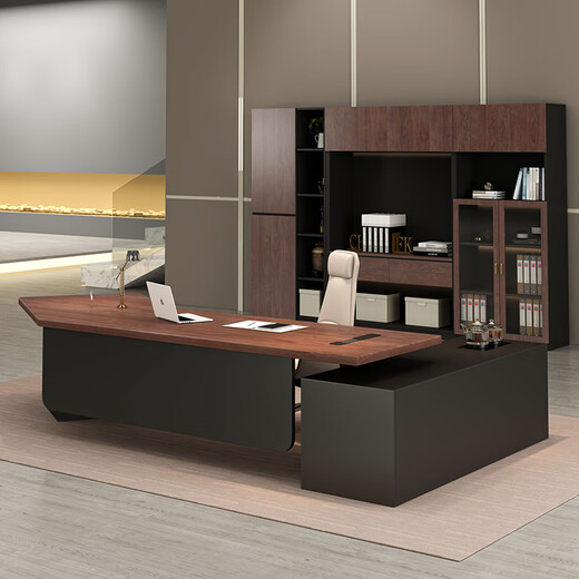 Oscarden Juzi Solid Wood Boss Desk with Side Cabinet Socket Black Walnut President Desk Law Firm Office Tea Table Integrated Style-Color-Size Customized Photoshoot