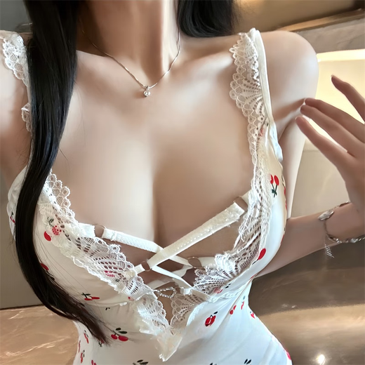 奶油樱桃酱情趣内衣女甜美花边睡裙性感绑带镂空显瘦吊带睡裙9274 白色【睡裙+T裤】 均码【建议80-120斤】