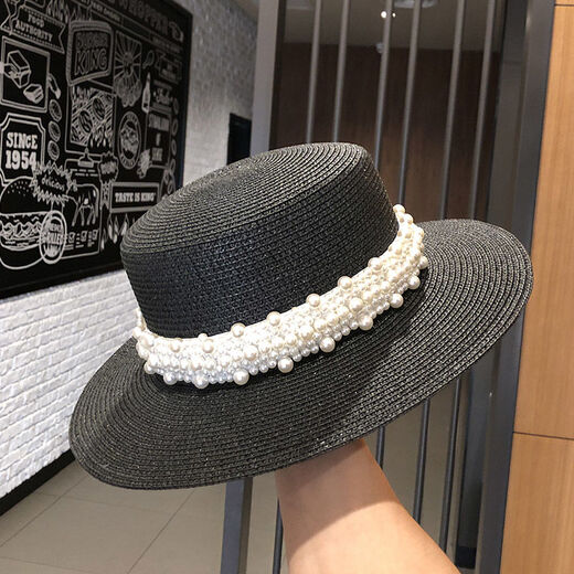 LUCALY新品英伦风平顶礼帽女法式复古赫本风平顶礼帽春夏天出游草 白色 大珍珠草帽