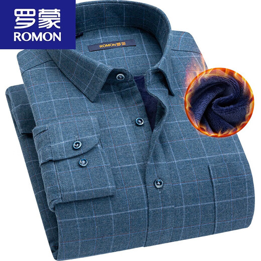 ROMON warm shirt men's velvet thickened pure cotton plaid autumn and winter long-sleeved casual loose men's shirt 2W7805010 warm 42