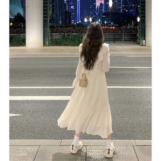 French-style long-sleeved ruffle-edged dress for women in autumn new design high waist slim long skirt light apricot color #1048 XL