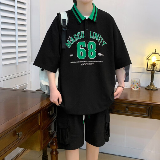 柏乐迪（BAILEDI）夏季短袖t恤胖男孩12-15岁初中高中学生帅气POLO衫14大童运动套装 6630杏色（短袖+短裤） 160 M（建议体重80-110斤左右）