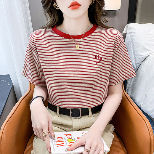 拉夏贝尔（La Chapelle）条纹短袖t恤女宽松韩版女装2025年夏季新款百搭体恤圆领半袖上衣 红色 9928 L 建议105-120斤