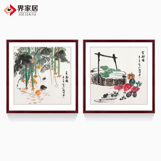 Jie Home Purely hand-painted ink Chinese painting Doufang Chinese restaurant entrance vegetable harvest decorative painting loofah cabbage gourd hanging painting B style picture of wealth + brown outer frame outer frame size 50*50cm