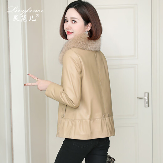 Lingfaner Haining genuine leather down jacket for women winter new fashion sheepskin jacket fox fur collar short leather jacket khaki L