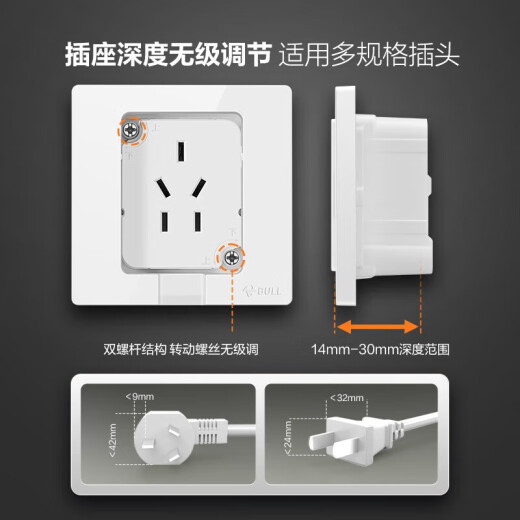 Bull (BULL) embedded socket hidden three- or five-hole socket depth adjustable air conditioner refrigerator invisible embedded socket [hidden five-hole 10A socket] white