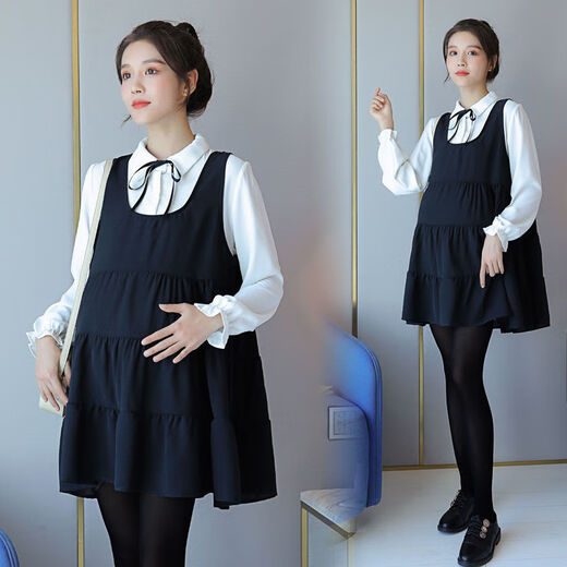 Little Squirrel of Wei Love, Maternity Women's Autumn Dress, Spring and Autumn Tops, Set de estilo de sabor pequeño de dos piezas de dos piezas, 9856 Vestido negro Estilo de verano (Single) M Recomendado 115Jin [Jin iguala 0.5 kg] o menos