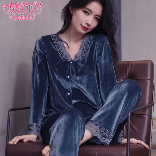 Modal Gold Velvet Pyjamas für Frauen im Frühling und Herbst sexy Spitze Langarm Hosen dünne Samt Winter Home Clothing Zwei -teilige Set -9923 Marineblau -L (100-115jin [Jin gleich 0,5 kg]))