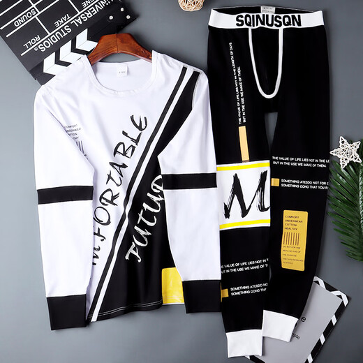 Wolf Country Men's Autumn Clothes and Autumn Pants Men's Suits for Autumn and Winter Youth Coldproof Linens and Linen Pants Bottoming Shirts Trendy Tight Warm Clothes Suit Black XL Suitable for 120-140Jin Jin equals 0.5 kg