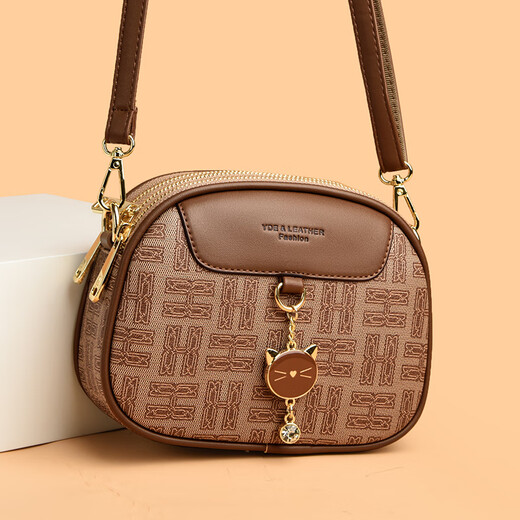 袋鼠真皮包包女2024春夏七夕潮时尚印花小圆包百搭高级感单肩斜挎包 大字母棕色