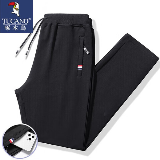 Woodpecker (TUCANO) pure cotton casual pants men's spring, autumn and winter new trousers youth versatile plus velvet casual running pants men's black spring and autumn style-foot binding 2XL (130Jin Jin is equal to 0.5kg -150Jin Jin is equal to 0.5kg)