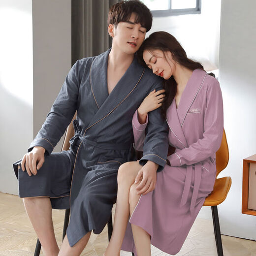 
Langsha nightgown for women in spring and autumn water cotton medium-length couple pajamas 2023 new yukata men's bathrobe long-sleeved coat NVFD16834 L single piece men's style