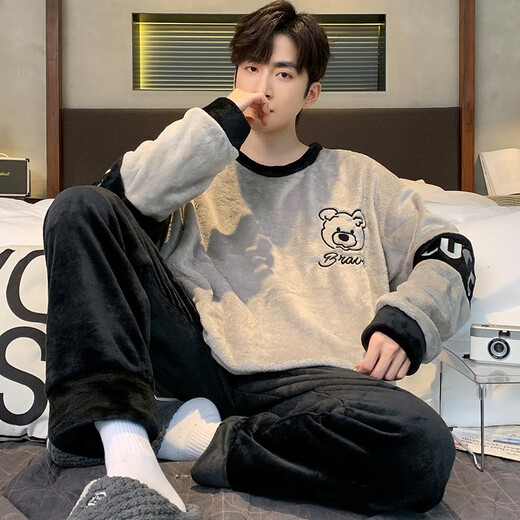Yishan House 2024 new pajamas men's autumn and winter thickened coral velvet teenager warm winter home clothing set KZY3883 2XL code recommendation (150Jin [Jin equals 0.5 kg])