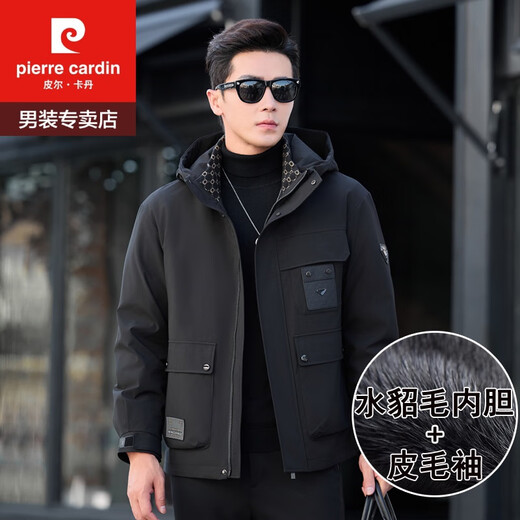 Pierre Cardin Men's Winter New Mink Liner Pie Overcome Haining Mink Fur Coat Short Jacket Fur Integrated 2503 Military Green Mink Liner + Fur Sleeves 2XL 150-165Jin Jin is equal to 0.5 kg