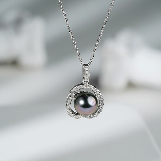 Tahitian black pearl pendant S925 silver high-gloss seawater pearl necklace neck gift for girlfriend and mother B grade/black pearl 9-10mm+925 silver chain
