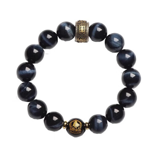 Eternal symbol blue tiger eye obsidian bracelet for men's birth year, Buddha bead stone six-character mantra bracelet for girls' birthday, Ami-zodiac, dog, pig 14mm