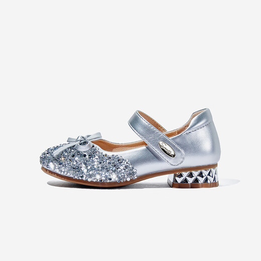 Snuffy children's high heels girls crystal shoes autumn shiny fashion princess shoes comfortable small leather shoes quicksand silver 30