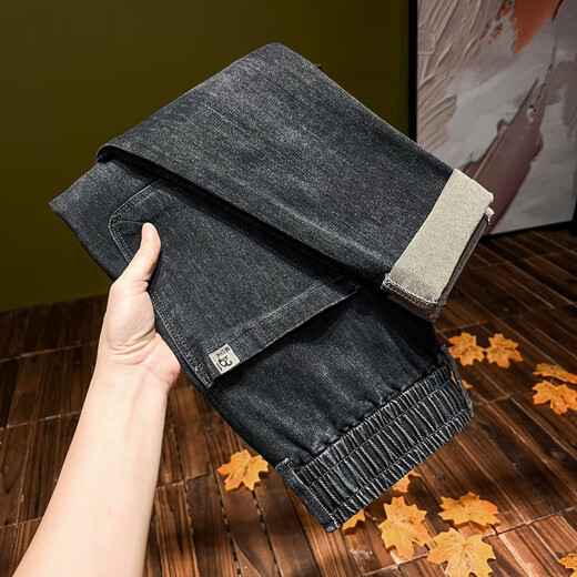 2025 spring and summer elastic elastic waist tether thin jeans men's loose small feet harem pants drawstring dad pants trendy 8802 black thin 38 (recommended 185-210Jin [Jin equals 0.5 kg])