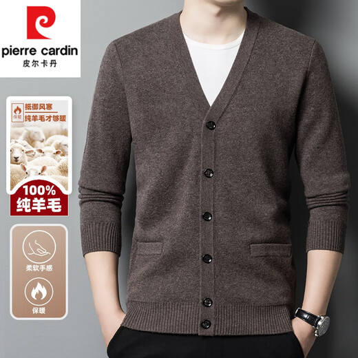Pierre Cardin autumn and winter high-end wool sweater men's 100 pure wool cardigan middle-aged and elderly V-neck sweater knitted cardigan jacket men thick deep camel ZYR1766 170/L recommended 115-130Jin Jin equals 0.5 kg