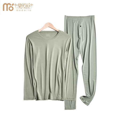 Modal High Quality Double-Sided Modal Autumn Clothes and Autumn Pants Set Men's Thermal Underwear Thin Slim Round Neck Bottoming Shirt Olive Green 2XL (140%7E160Jin Jin equals 0.5 kg)