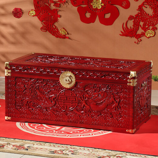 Imamori Ichimu camphor wood box full camphor wood wedding dowry bride solid wood dowry calligraphy and painting wedding storage wooden box retro with lock Dragon and Phoenix wedding bag rounded corners 40*30*24 (only copper lock